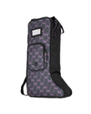 A tall, narrow soft-sided bag or case with a dark gray and black body covered in a repeating purple bow pattern, plus black side panels and trim. It has a front zip pocket, a small white label patch, and a shoulder strap, shown on a plain white background equestrian fashion outfitters