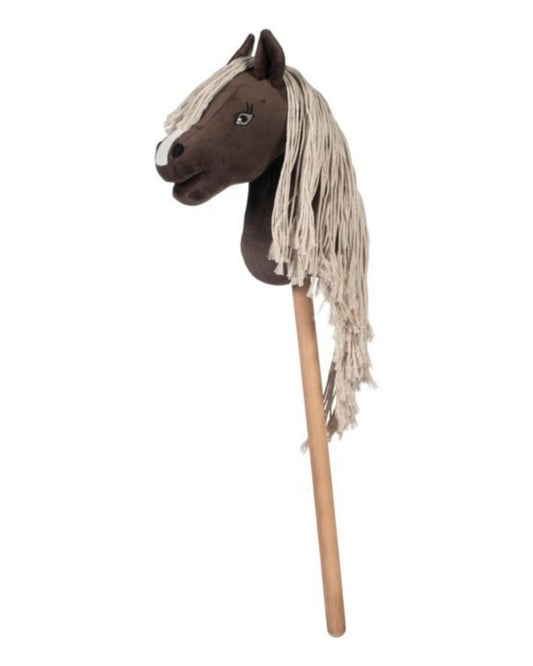Horse head plush toy on a wooden stick with a white background equestrian fashion outfitters