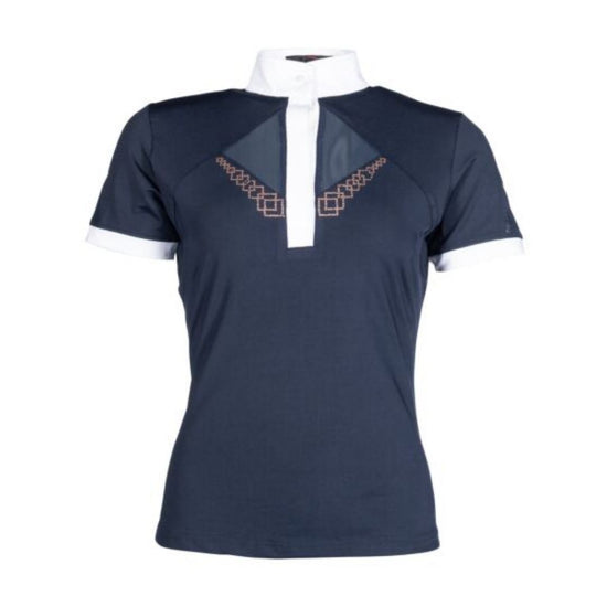 Navy blue shirt with white collar and geometric patterns on a white background equestrian Fashion Outfitters