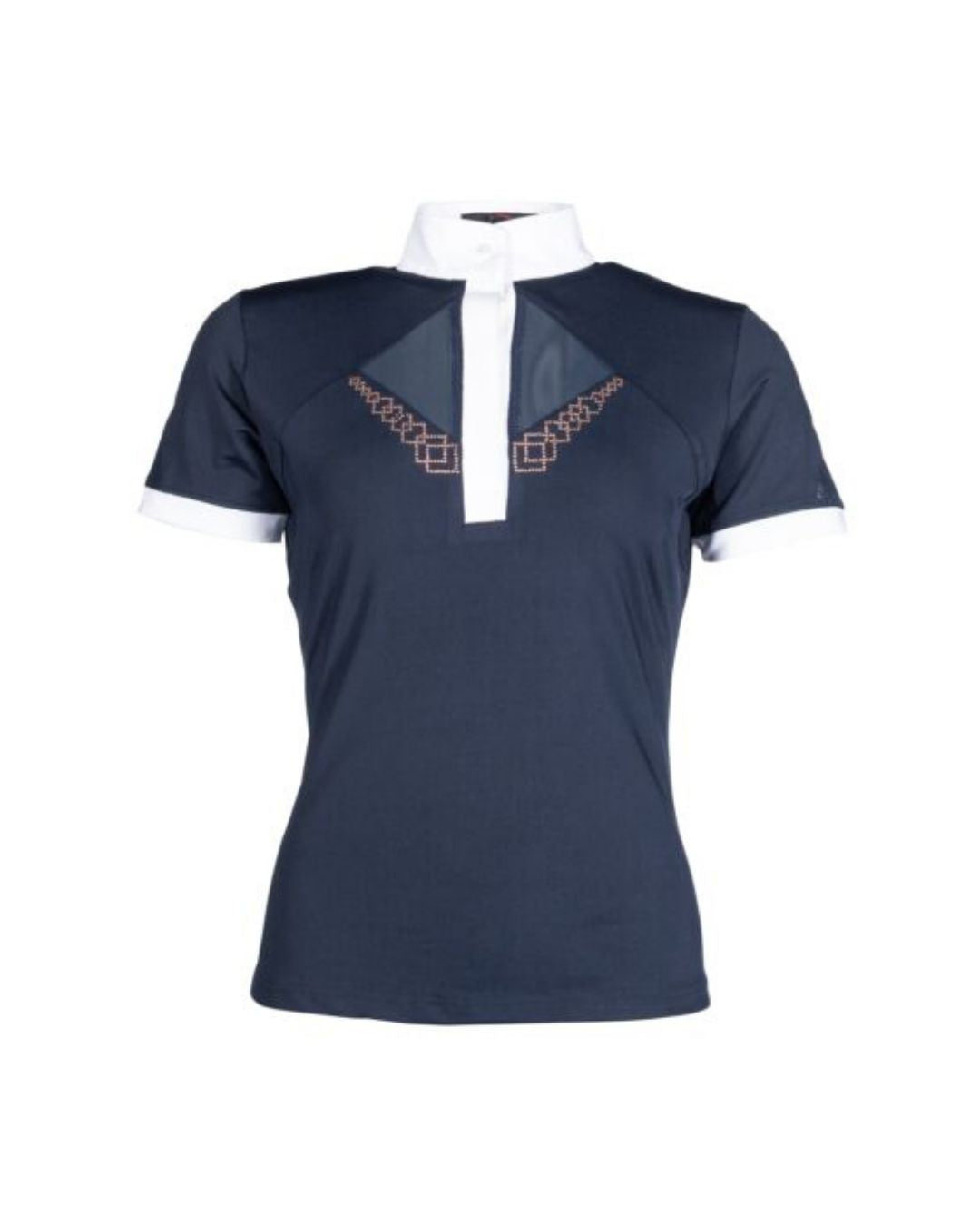 Navy blue shirt with white collar and geometric patterns on a white background equestrian Fashion Outfitters