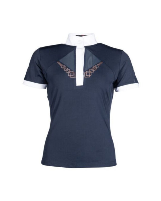 Navy blue shirt with white collar and geometric patterns on a white background equestrian Fashion Outfitters