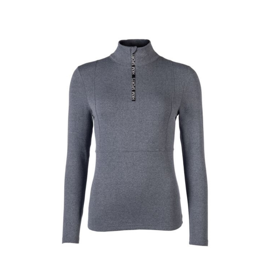 A women's long-sleeve half-zip mock neck sweater in heather blue, featuring a vertical zipper with black and white patterned accents on the chest. equestrian fashion outfitters