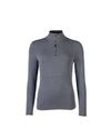 A women's long-sleeve half-zip mock neck sweater in heather blue, featuring a vertical zipper with black and white patterned accents on the chest. equestrian fashion outfitters