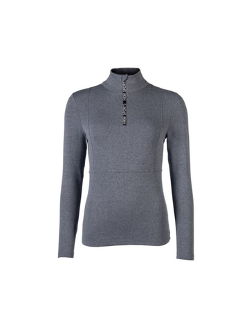 A women's long-sleeve half-zip mock neck sweater in heather blue, featuring a vertical zipper with black and white patterned accents on the chest. equestrian fashion outfitters