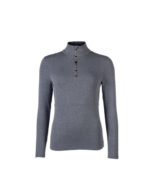 A women's long-sleeve half-zip mock neck sweater in heather blue, featuring a vertical zipper with black and white patterned accents on the chest. equestrian fashion outfitters