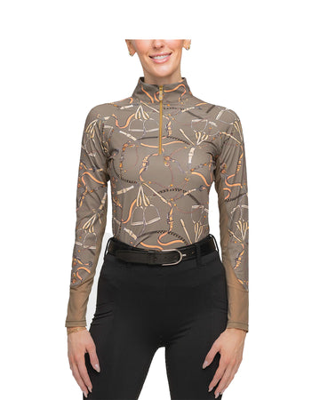 Kastel Long Sleeve Taupe Belt Print 1/4 Zip Top