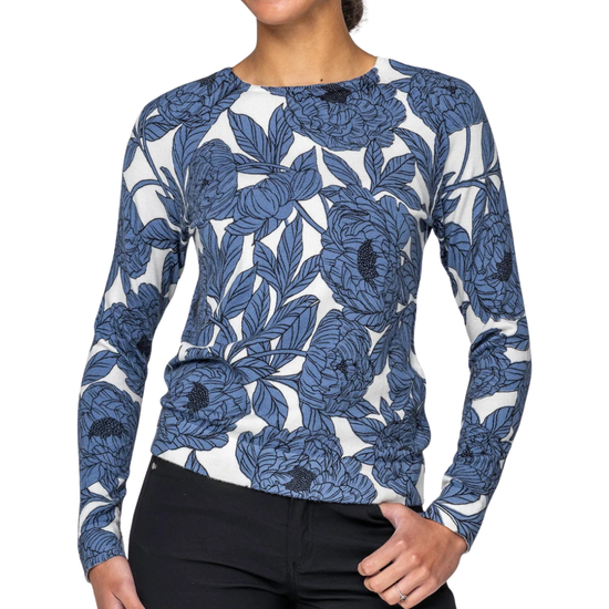 navy and white flower patterned crewneck sweater with black breeches equestian fashion outfitters