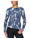 navy and white flower patterned crewneck sweater with black breeches equestian fashion outfitters