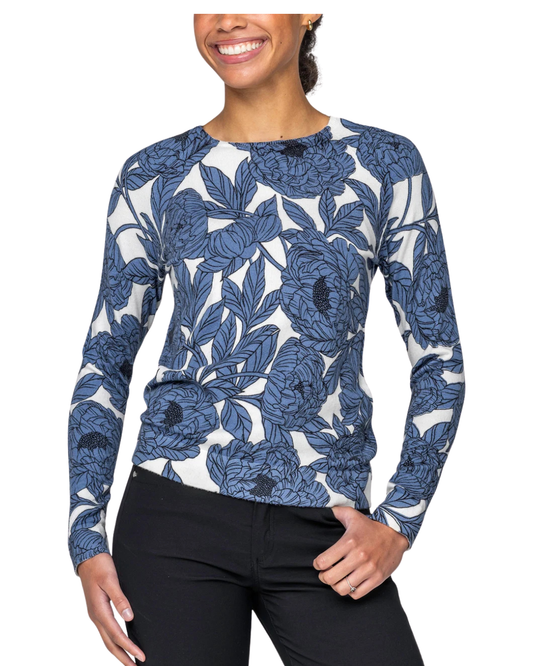 navy and white flower patterned crewneck sweater with black breeches equestian fashion outfitters
