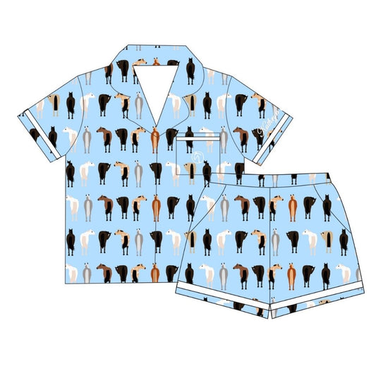 Shirt and shorts set with horse pattern on a light blue background pajamas equestrian fashion outfitters