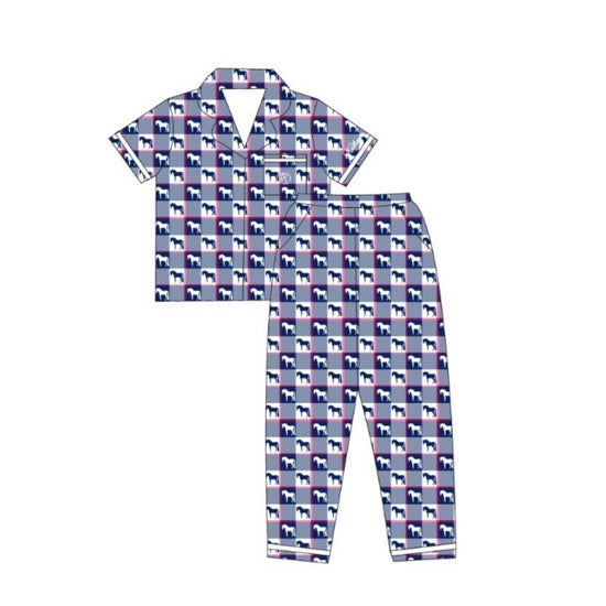 Pyjama pajamas set with a pattern of small animals horses on a white background equestrian fashion outfitters