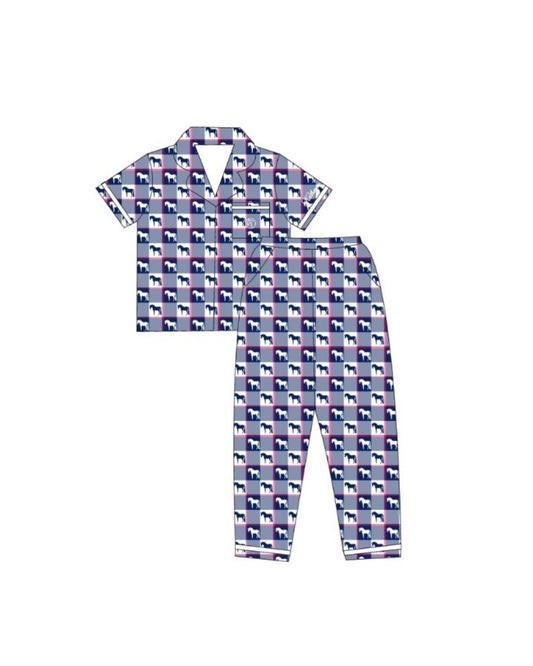 Pyjama pajamas set with a pattern of small animals horses on a white background equestrian fashion outfitters
