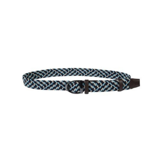 Navy and white braided belt with a black buckle on a white background equestrian fashion outfitters