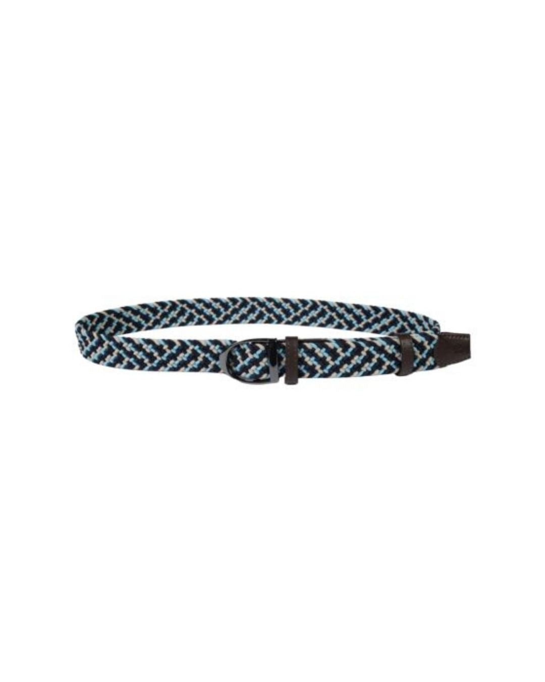 Navy and white braided belt with a black buckle on a white background equestrian fashion outfitters