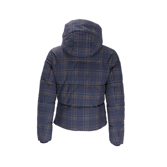 A navy blue hooded puffer jacket with a tan and black plaid pattern, shown from the back on a plain white background equestrian fashion outfitters