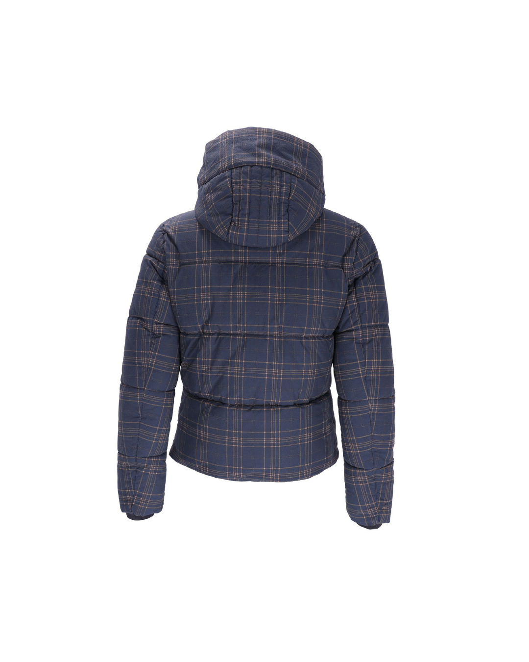 A navy blue hooded puffer jacket with a tan and black plaid pattern, shown from the back on a plain white background equestrian fashion outfitters