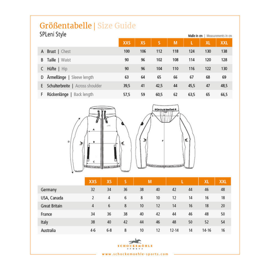 Size chart for SPLeni Leni schockemohle jacket equestrian fashion outfitters