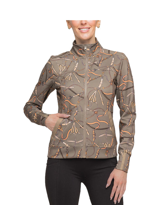 Long Sleeve Full Zip Taupe Belt Print Scuba Jacket