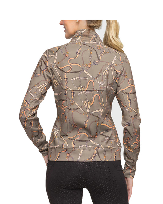 Long Sleeve Full Zip Taupe Belt Print Scuba Jacket