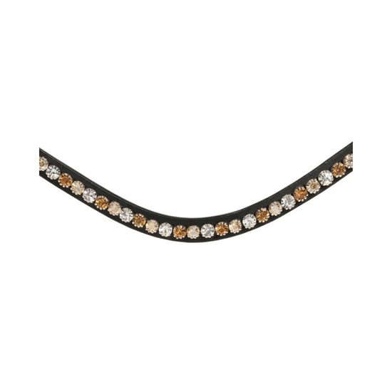A close-up of a curved black browband decorated with a row of small round clear rhinestones and alternating gold and rose gold rhinestone clusters, set against a plain white background. equestrian fashion outfitters