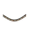 A close-up of a curved black browband decorated with a row of small round clear rhinestones and alternating gold and rose gold rhinestone clusters, set against a plain white background. equestrian fashion outfitters