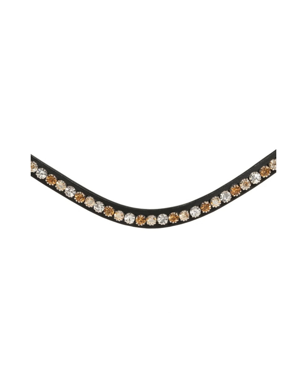 A close-up of a curved black browband decorated with a row of small round clear rhinestones and alternating gold and rose gold rhinestone clusters, set against a plain white background. equestrian fashion outfitters