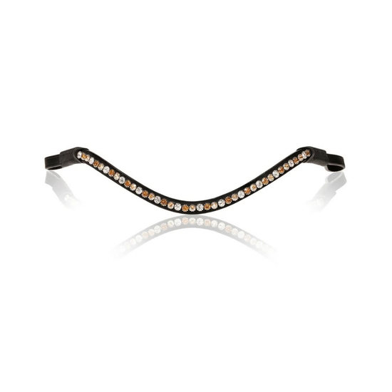 A black equestrian browband decorated with a curved row of small gold and clear rhinestones, displayed on a reflective white surface. equestrian fashion outfitters