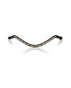 A black equestrian browband decorated with a curved row of small gold and clear rhinestones, displayed on a reflective white surface. equestrian fashion outfitters
