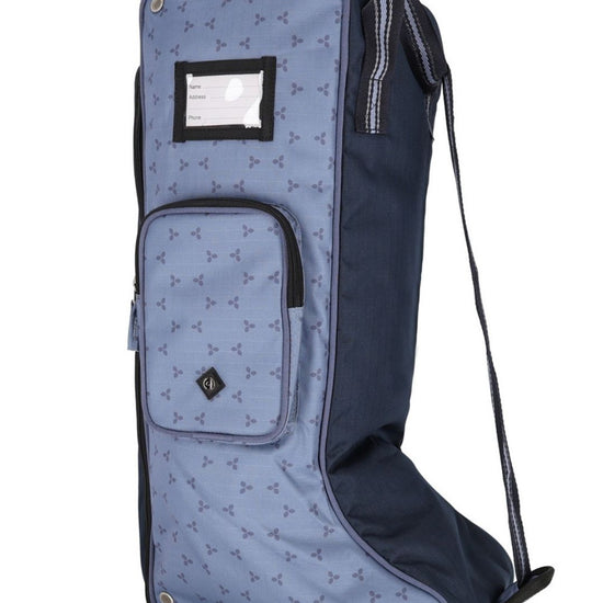 Blue and navy boot bag with patterned design on a white background Equestrian fashion outfitters