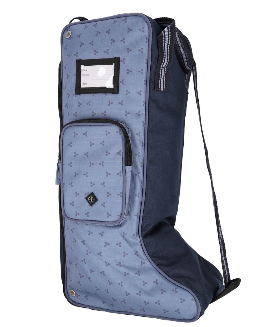 Blue and navy boot bag with patterned design on a white background Equestrian fashion outfitters