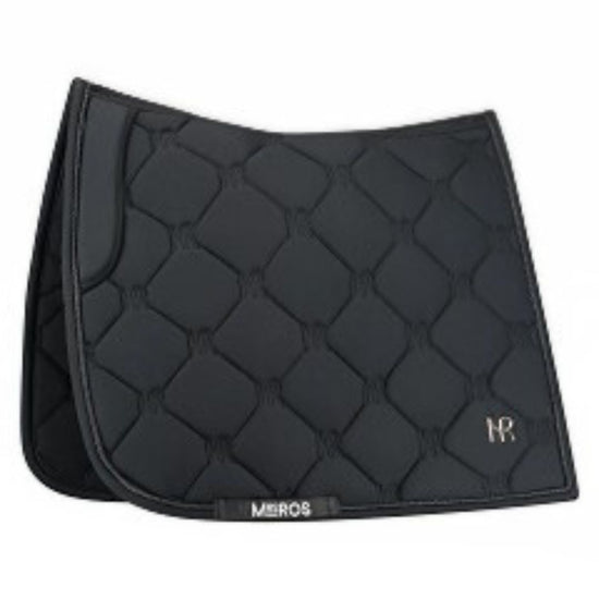 Black quilted saddle pad with 'MR' branding on a white background