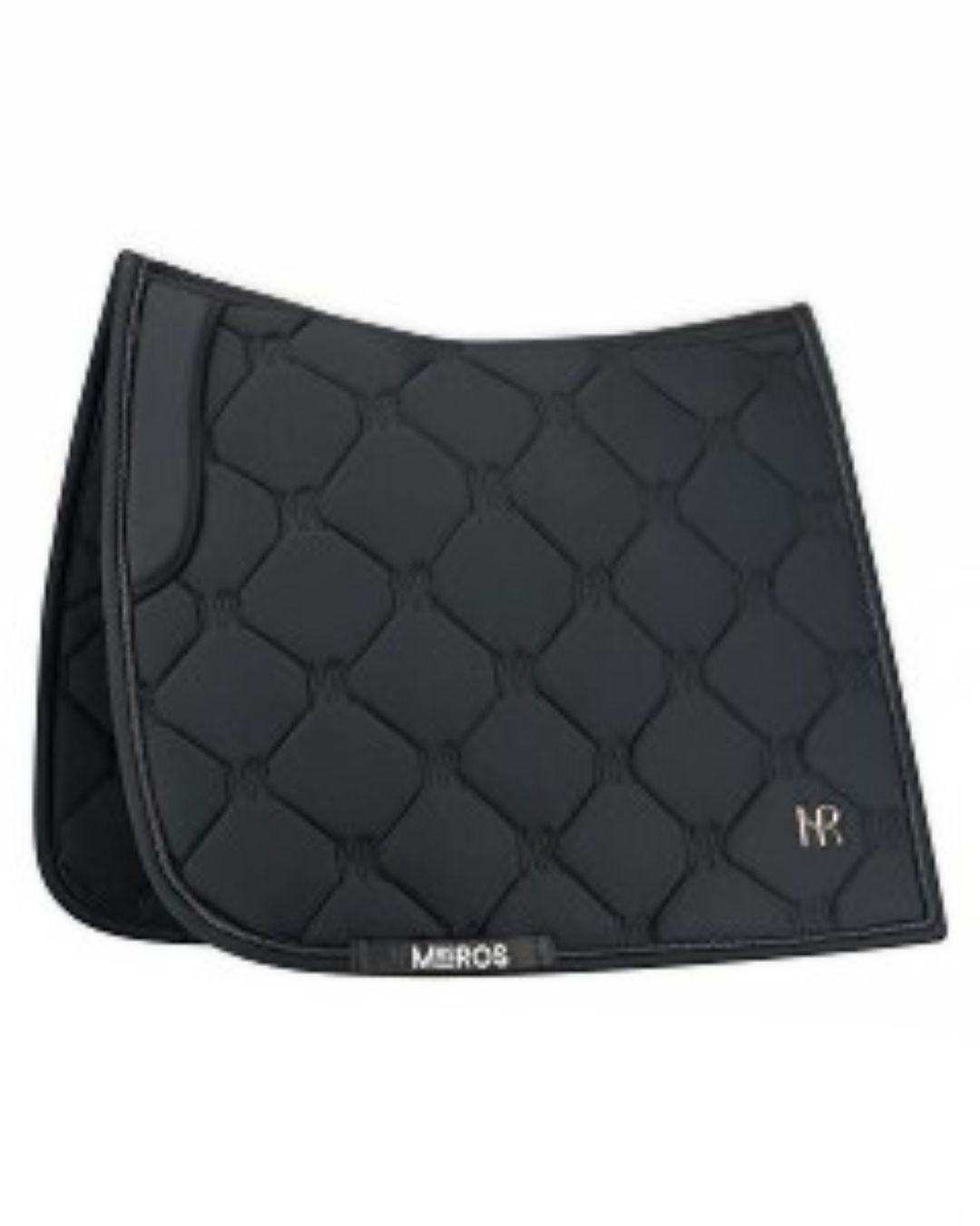 Black quilted saddle pad with 'MR' branding on a white background