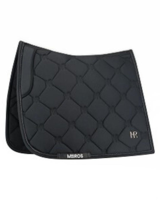 Black quilted saddle pad with 'MR' branding on a white background