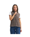 woman wearing brown wool vest with zipper and side zip pockets wearing a white t shirt and jeans equestrian fashion outfitters