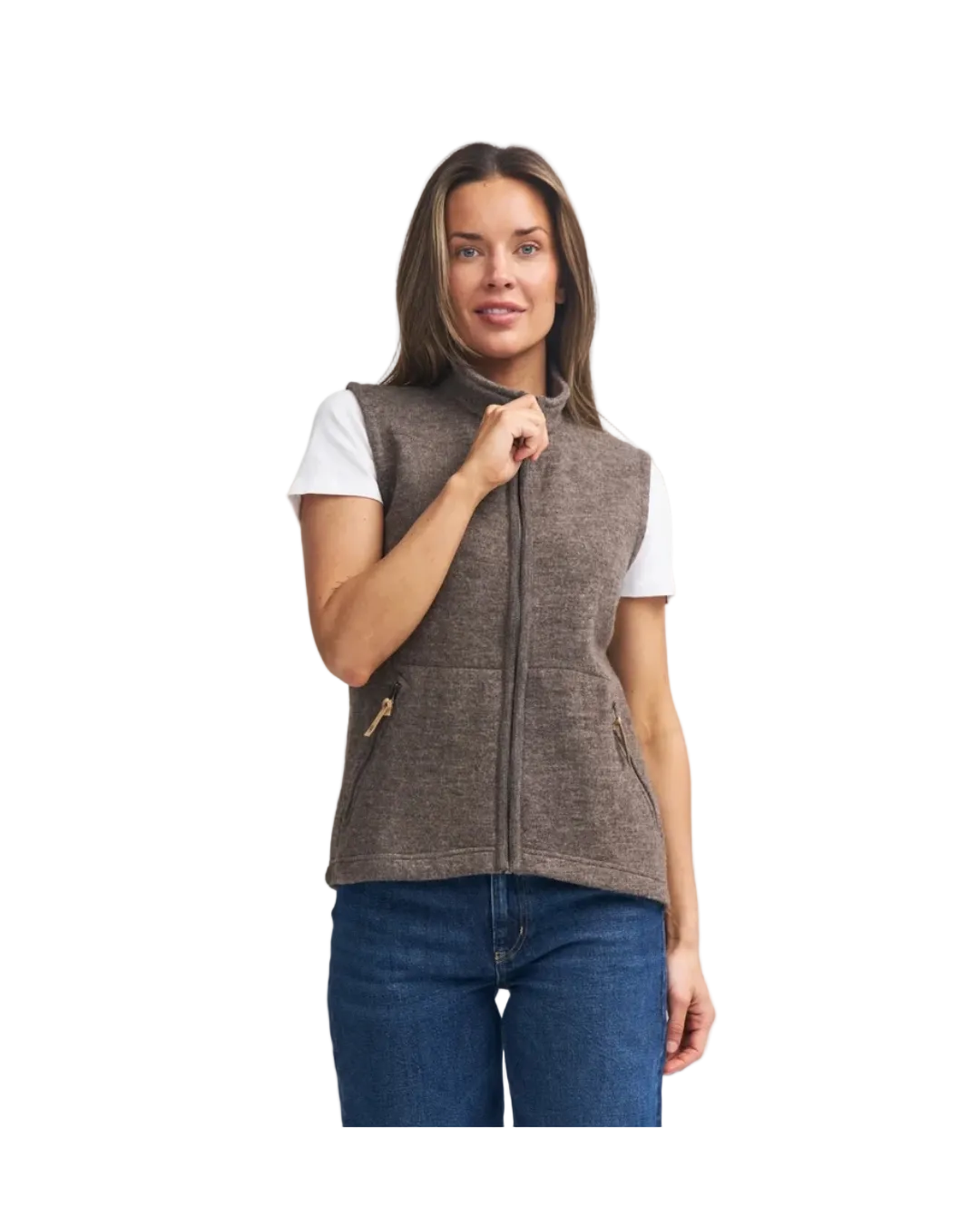 woman wearing brown wool vest with zipper and side zip pockets wearing a white t shirt and jeans equestrian fashion outfitters