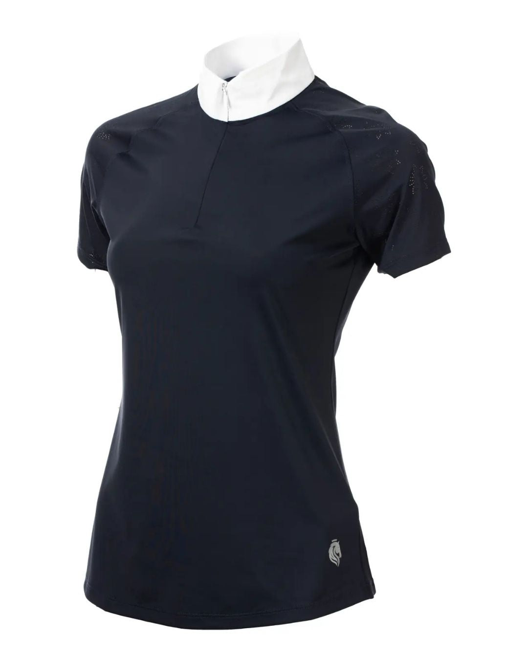 navy short-sleeve shirt with white collar on a mannequin against a white background equestrian fashion outfitters