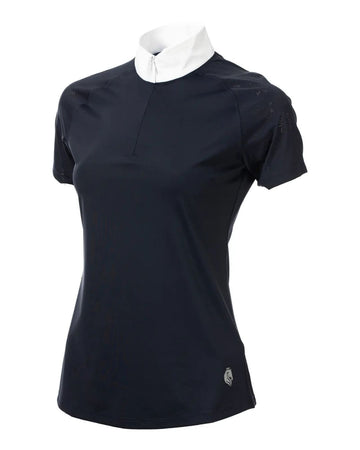 navy short-sleeve shirt with white collar on a mannequin against a white background equestrian fashion outfitters