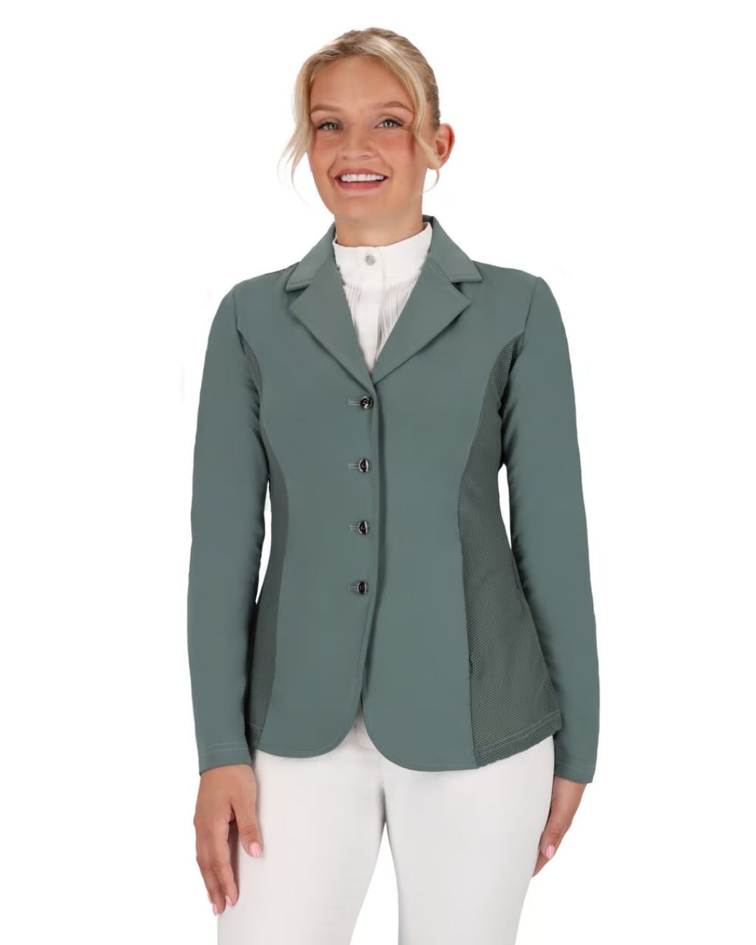 Woman wearing a green equestrian jacket on a white background equestrian fashion outfitters
