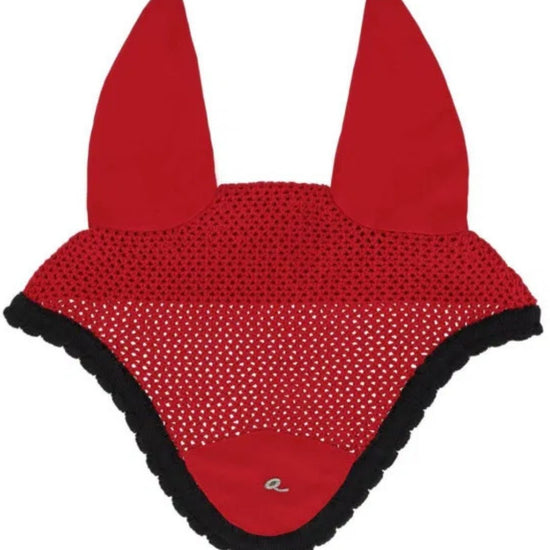 Red equestrian ear bonnet with black trim on a white background equestrian fashion outfitters