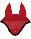 Red equestrian ear bonnet with black trim on a white background equestrian fashion outfitters