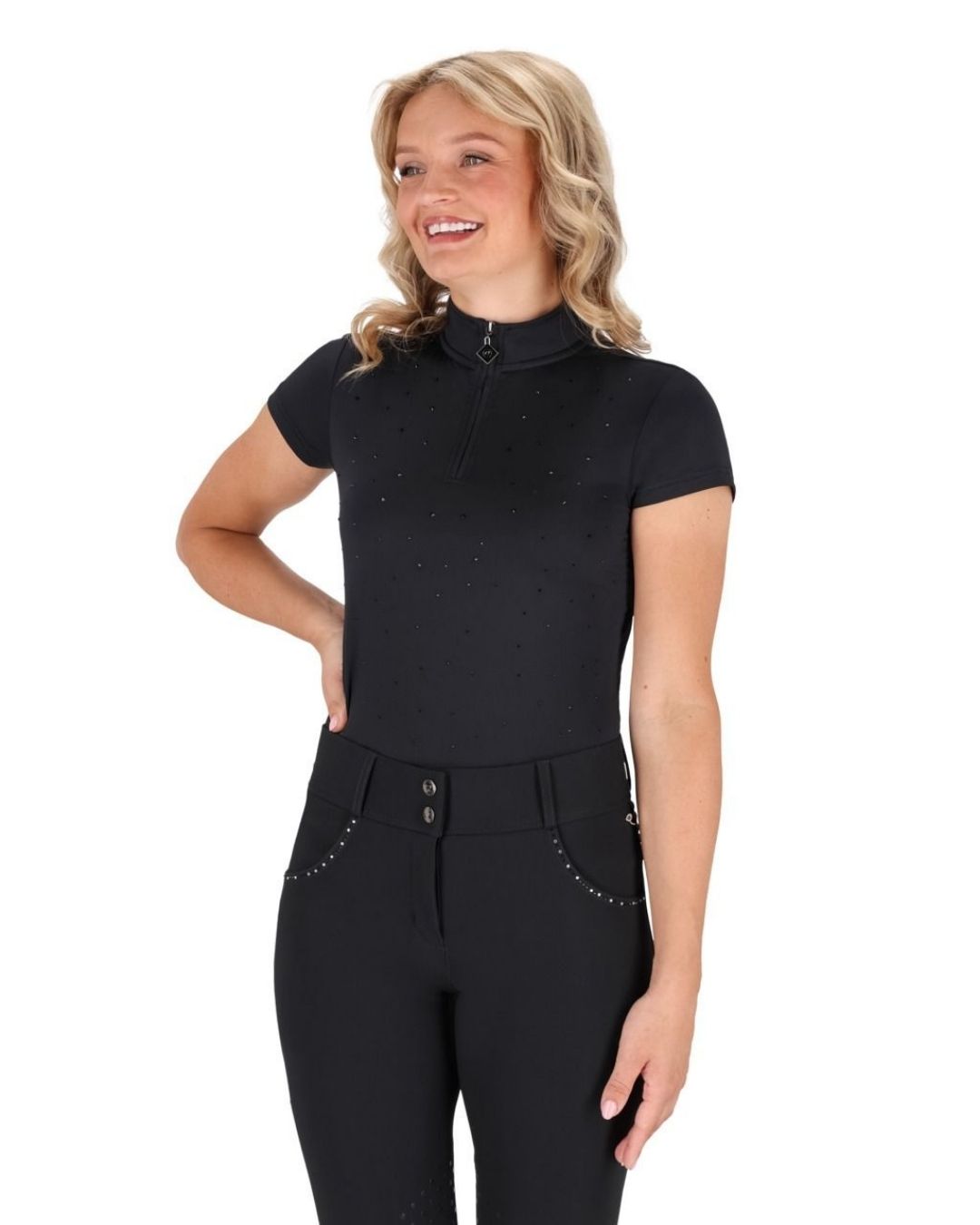 Woman wearing a black qhp training shirt short sleeve outfit with a white background equestrian fashion outfitters