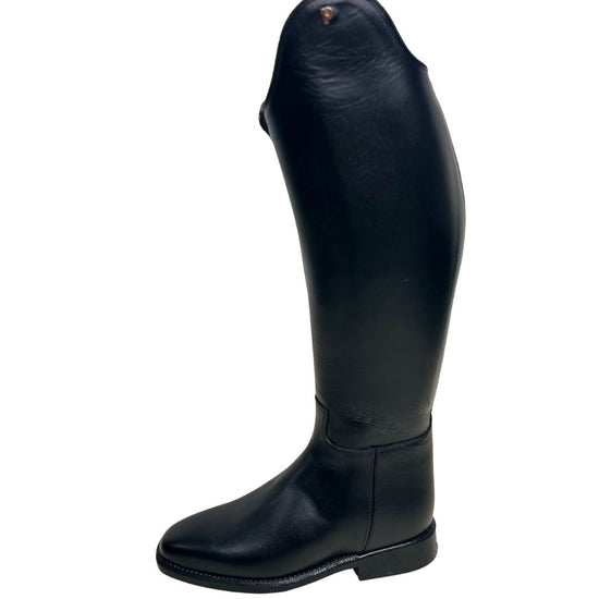 Black riding boot on a white background