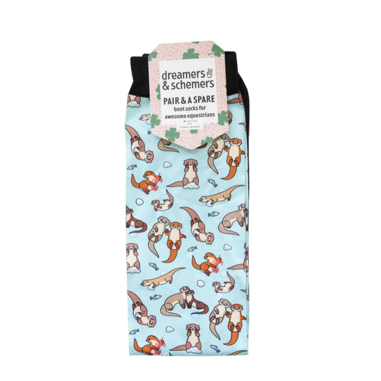 socks with otters in brown and orange on a. blue background equestrian fashion outiffets