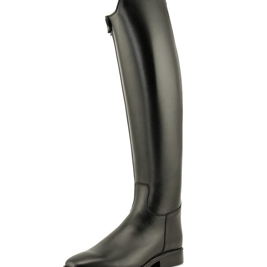 Black riding boot on a white background