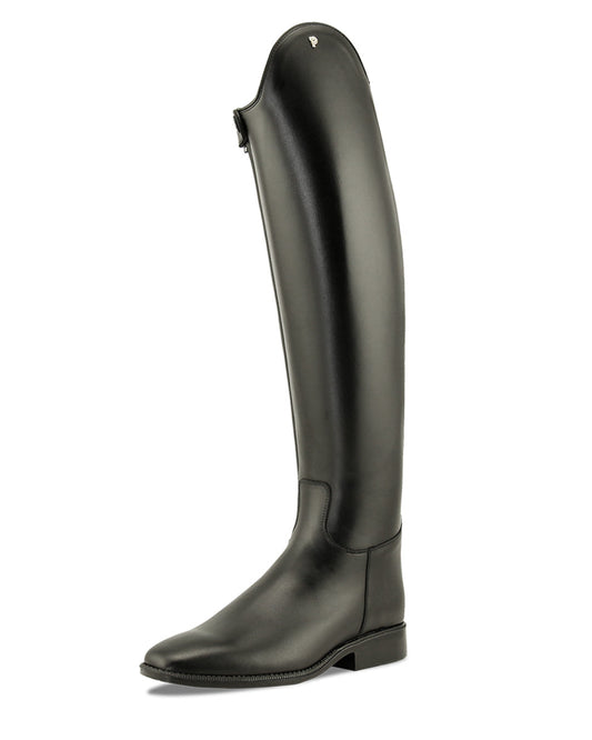 Black riding boot on a white background