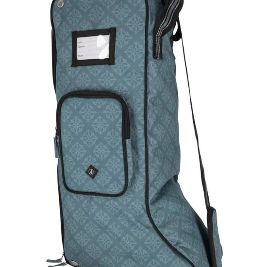 Blue patterned boot bag with a strap on a white background Equestrian fashion outfitters