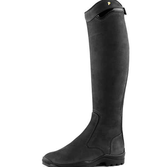 Black riding boot on a white background