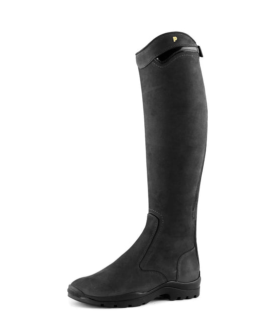 Black riding boot on a white background
