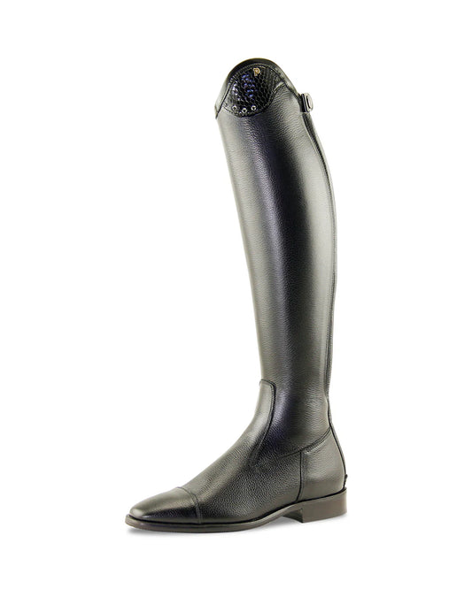 Black riding boot with decorative element on a white background