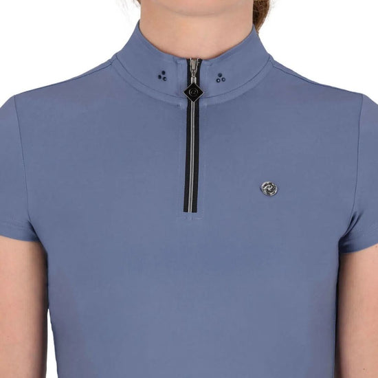 Blue short-sleeve top with a zipper detail on a white background equestrian fashion outfitters